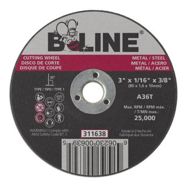 B-Line Cutting Wheel, 3 in dia, 1/16 in Thick, 3/8 in Arbor, 36 Grit, Alum Oxide, 100/CA, #90883