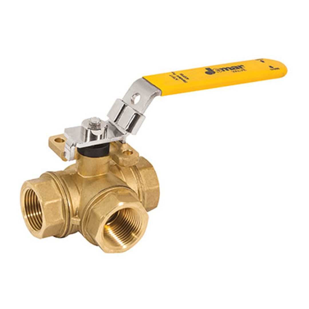 Jomar A751T-34 3/4 Inch Brass Direct Mount Ball Valve, 3-Way, Standard Port, T-Port, Threaded Connection, ISO Mounting Pad, 400 WOG