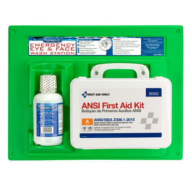 Eyewash Station, Single 16 oz. Screw Cap Bottle, with ANSI 2015 First Aid Kit 90813