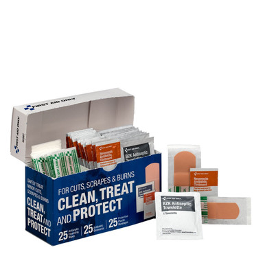 Clean, Treat and Protect for Cuts, Scrapes & Burns with 25 BZK Antiseptic Wipes, 25 Antibiotic Ointment Packets, and 25 Protective Plastic Bandages, 1" x 3" and ¾" x 3" 90967