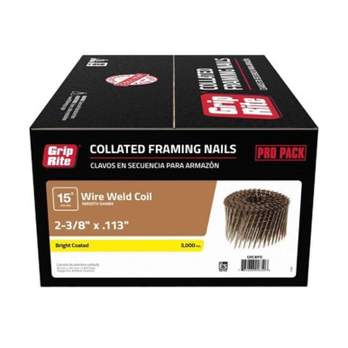 Grip Rite 2-3/8" x .113", 15 Degree Wire Coil, Round Head Nails, Bright, Smooth Shank, (3,000/Carton), #GRC8PD
