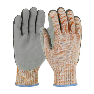 Orange S Scrap King 7G PolyKor Seamless Knit w/ Split Cowhide Palm, A7 Vend Pack Leather Gloves with Cut Lining 1 Pair 09-H550SLPV/S