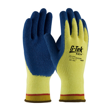 Yellow S G-Tek KEV, 100% Kevlar 7G Yellow Shell, Blue Latex Crinkle Grip, A4 Gloves made with Kevlar Brand Fiber 1 Dozen 09-K1300/S