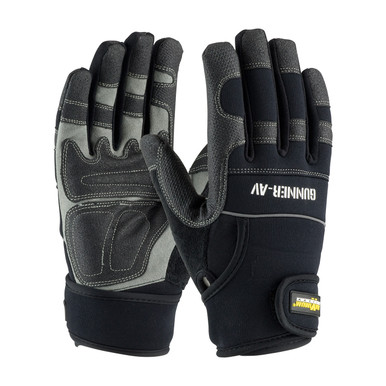 Black XL GUNNER AV, Padded Synthetic PVC/ Blk. Palm, Spandex Back,Wrist Strap Anti-vibration Gloves and Liners 1 Pair 120-4400/XL