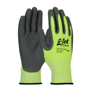 Hi-Vis Yellow S G-Tek PolyKor, HV Yellow 15G Shell, Nitrile Foam Grip, Thumb Crotch, A2 Gloves with PolyKor Fiber 1 Dozen 16-323/S