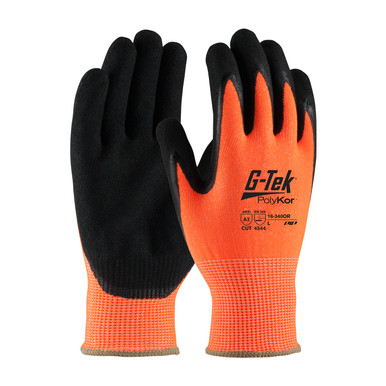 Hi-Vis Orange XXL G-Tek PolyKor, HV Orange 13G Shell, DD Nitrile MicroSurface Grip, A3 Gloves with PolyKor Fiber 1 Dozen 16-340OR/XXL