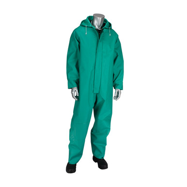 Green 2X Rain Coverall .42mm PVC/Nylon/PVC, FR Treated, Hood, Inner Cuff, Green FR Treated PVC/Nylon/PVC 205-420CV/2X