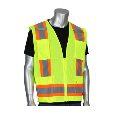 Hi-Vis Yellow 2X Class 2 Mesh Vest, Zipper, 11 Pockets, Mic Tab, Two Tone Tape, LY Hi-Visibility Vest 302-0500M-LY/2X