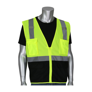 Hi-Vis Yellow 5X Type R Class 2 Black Bottom Mesh 5 Pocket Vest, Mic Tabs, Zipper, LY Hi-Visibility Vest 302-0710B-LY/5X