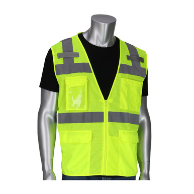 Hi-Vis Yellow 3X Class 2 Mesh Value Surveyors Vest 5 Pockets, Mic Tabs, Zipper, OR Hi-Visibility Vest 302-0750-OR/3X
