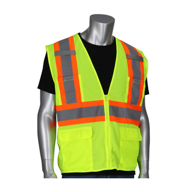Hi-Vis Yellow XL Class 2 Mesh Vest, 6 Pockets, Zipper, Mic Tabs, Two Tone Tape,LY Hi-Visibility Vest 302-MVZT-LY/XL