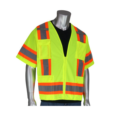 Hi-Vis Yellow M Class 3 Solid/Mesh Vest, Zipper, 11 Pockets, Mic Tab, Two Tone Tape, OR Hi-Visibility Vest 303-0500-OR/M