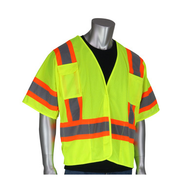 Hi-Vis Yellow 3X Class 3 Mesh Brkwy Vest, 4 pockets, H&L Closure, Two Tone Tape, OR Hi-Visibility Vest 303-5PMTT-OR/3X