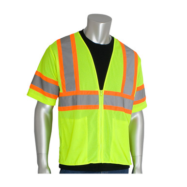 Hi-Vis Yellow 4XL Class 3 Mesh Vest, 2 pockets, Zipper Closure, Two Tone Tape, OR Hi-Visibility Vest 303-HSVPOR-4X