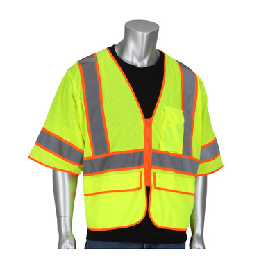 Hi-Vis Yellow S Type R Class 3 SE Treated Mesh Vest Zipper,5 Pocket,Two Tone,Mic Tab,LY Hi-Visibility Vest 305-SVZSE-LY/S