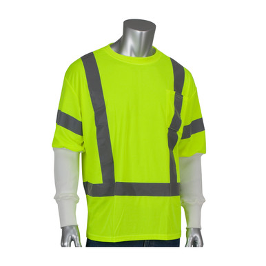 Hi-Vis Yellow 2XL Class 3 Short Sleeve T-shirt, Crew Neck, Chest Pocket, LY, with white Pritex sleeves Pritex Sleeves 313-CNTSELY-2X-PRI18W
