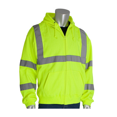 Hi-Vis Yellow 2XL Class 3 Hooded Sweatshirt, 8oz. Fleece, Zip Front, 2in. Tape, LY Hi-Visibility Sweats 323-HSSELY-2X