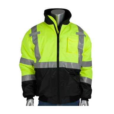 Hi-Vis Yellow 5X Class 3 Bomber Black Trim, Fixed Insulation, Zipper, 2 in. Tape, LY Hi-Visibility Jacket 333-1740-LY/5X