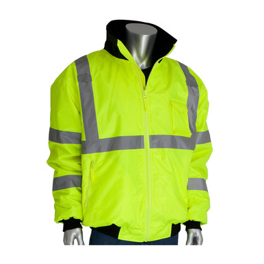 Hi-Vis Yellow L Class 3 Bomber Jacket, Zip-out Fleece Liner, Zipper, 2in. Tape, OR Hi-Visibility Jacket 333-1762-OR/L