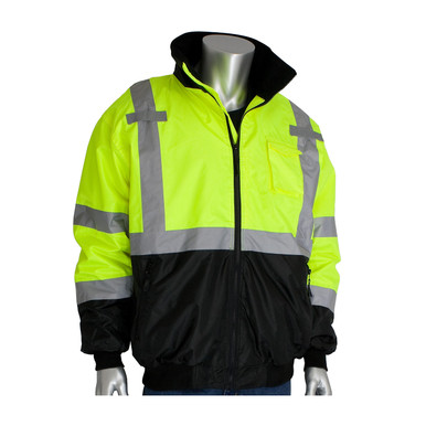 Hi-Vis Yellow XL Class 3 Bomber Black Trim, Zip-out Fleece Liner, Zipper, 2in. Tape, OR Hi-Visibility Jacket 333-1766-OR/XL