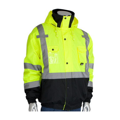 Hi-Vis Yellow 3X Class 3 Rip Stop Black Trim Bomber Fleece Liner, Zipper, 2in. Tape, OR Hi-Visibility Jacket 333-1770-OR/3X