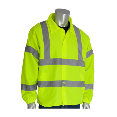 Hi-Vis Yellow 5XL Class 3 Windbreaker, Lt. Wt. Lining Collared, No Hood, 2in. Tape, LY Hi-Visibility Jacket 333-WBLY-5X