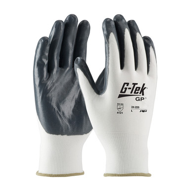 White L G-Tek GP, White 13G Nylon Shell, Gray Nitrile Coated Smooth Grip Seamless Knits for General Duty 1 Dozen 34-225/L