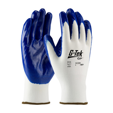 White M G-Tek GP, White 13G Nylon Shell, Blue Nitrile Smooth Grip Seamless Knits for General Duty 1 Dozen 34-C229/M