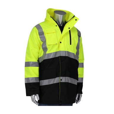 Hi-Vis Yellow 5X Type R Class 3 Hi Vis Blk Bottom Coat, Insulated, 6 pockets, Hood OR Hi-Visibility Coat 343-1750-OR/5X