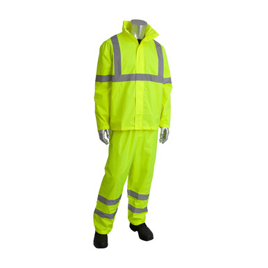 Hi-Vis Yellow 5X Class 3 Rainsuit, 2 piece, PU Ctd, Zipper, Hood, Pant, 2in. Tape, OR Hi-Visibility Polyester/PU 353-1000OR-4X/5X