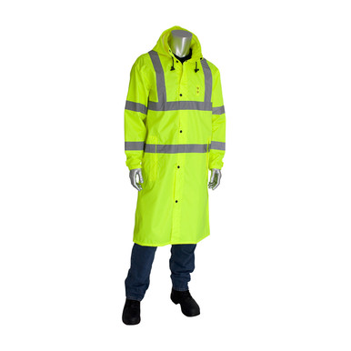 Hi-Vis Yellow L Class 3 Rain Coat 48in., PU Ctd, Zipper, Removable Hood, LY Hi-Visibility Polyester/PU 353-1048-LY/L