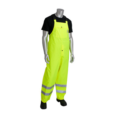 Hi-Vis Yellow 5X Class E Rain Bib Pant, W/B PU Ctd, High Back with Sus., 2in. Tape, OR Hi-Visibility Polyester/PU 353-2001-OR/5X