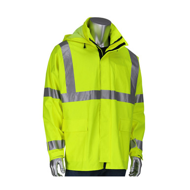 Hi-Vis Yellow XL Arc Rated Rain Jacket, PU/Cotton, ANSI Class 3, D-ring, Zip Close, Vent Back, FR Refl. Tape, LY Hi-Visibility Arc-Rated PU/Cotton 355-2500AR-LY/XL