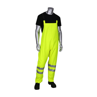 Hi-Vis Yellow XL Arc Rated Bib Overall, PU/Cotton, ANSI Class E, Front Fly, Cuff and Waist Adj., FR Refl. Tape, LY Hi-Visibility Arc-Rated PU/Cotton 355-2501AR-LY/XL