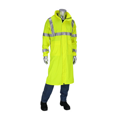 Hi-Vis Yellow L Arc Rated Rain Coat, PU/Cotton, ANSI Class 3, Zip Close, Vent Back, FR Refl. Tape, 16 cal, LY Hi-Visibility Arc-Rated PU/Cotton 355-2505AR-LY/L