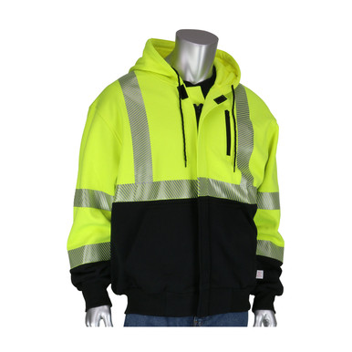 Hi-Vis Yellow M Arc Rated Hi-Vis ANSI 107 Black Bottom Sweatshirt, Hooded with zip Flame Resistant Shirt 385-1370FR-LY/M