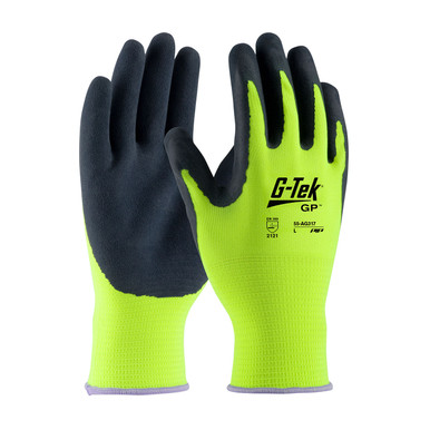 Hi-Vis Yellow XL G-Tek, 15G Hi-Vis Yellow Polyester Shell, Blk Latex MicroSurface Grip Latex Coated Seamless Knits 1 Dozen 55-AG317/XL