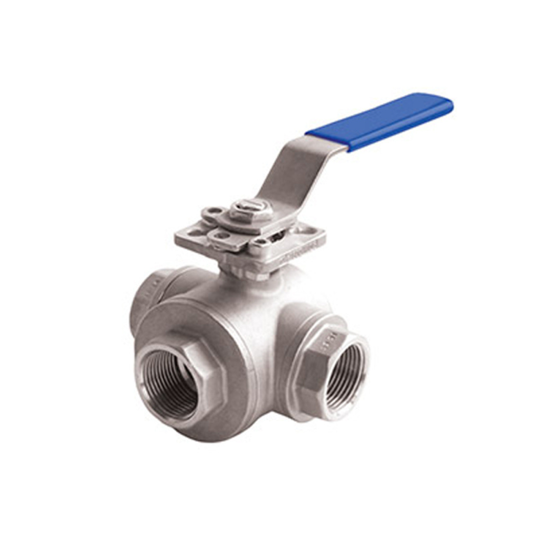 Jomar A850T-2 2 InchStainless Steel Direct Mount Ball Valve, 3-Way, Full Port, T-Port, Threaded Connection, ISO Mounting Pad, 1000 WOG