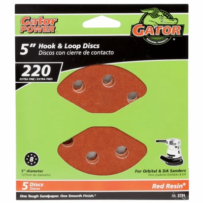 5 Inch 8 Hole Hook And Loop 220 Grit Sanding Discs - 5 Pack