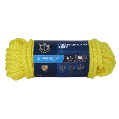 Polypropylene Rope, Twisted Braided, Yellow, 3/8 In. x 50 Ft.