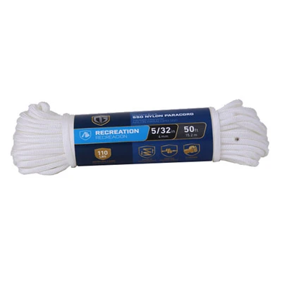 Paracord 550 Nylon Rope, White, 5/32 In. x 50 Ft.