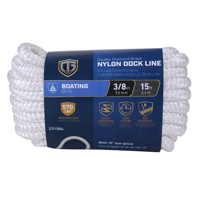 Dock Line, Double Diamond Braided, White, 3/8 In. x 15 Ft.