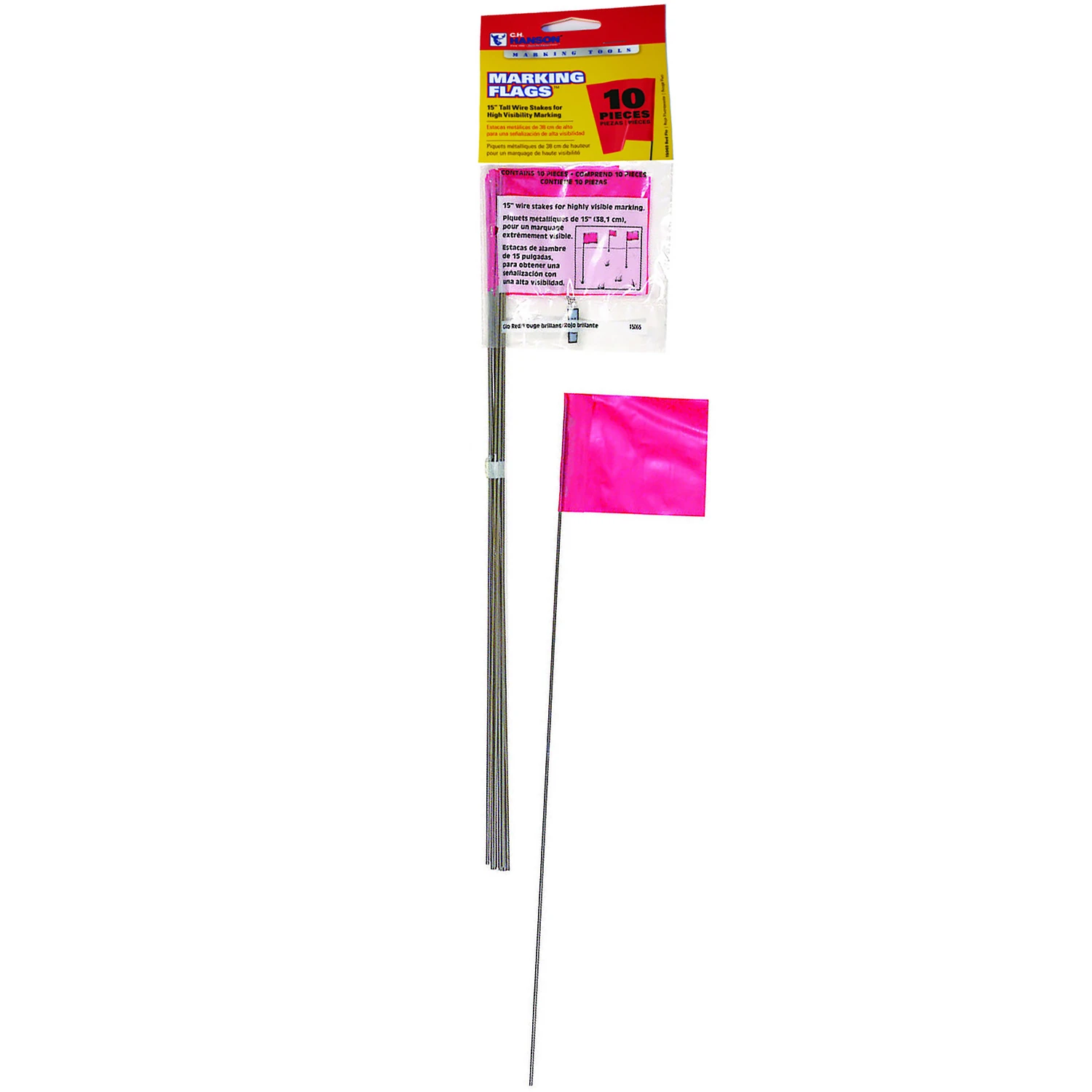 Fluorescent Marking Stake Flags, Red, 2.5 x 3.5 In. Flag, 15 In. Stake, 10-Pk