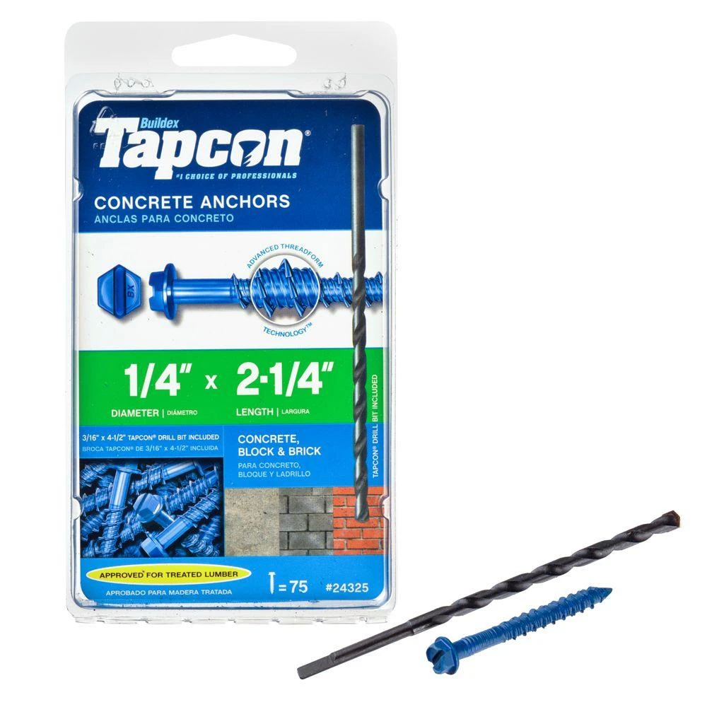 Concrete Anchors, Hex Washer Head, Steel, 1/4 x 2-1/4 In., 75-Pk.