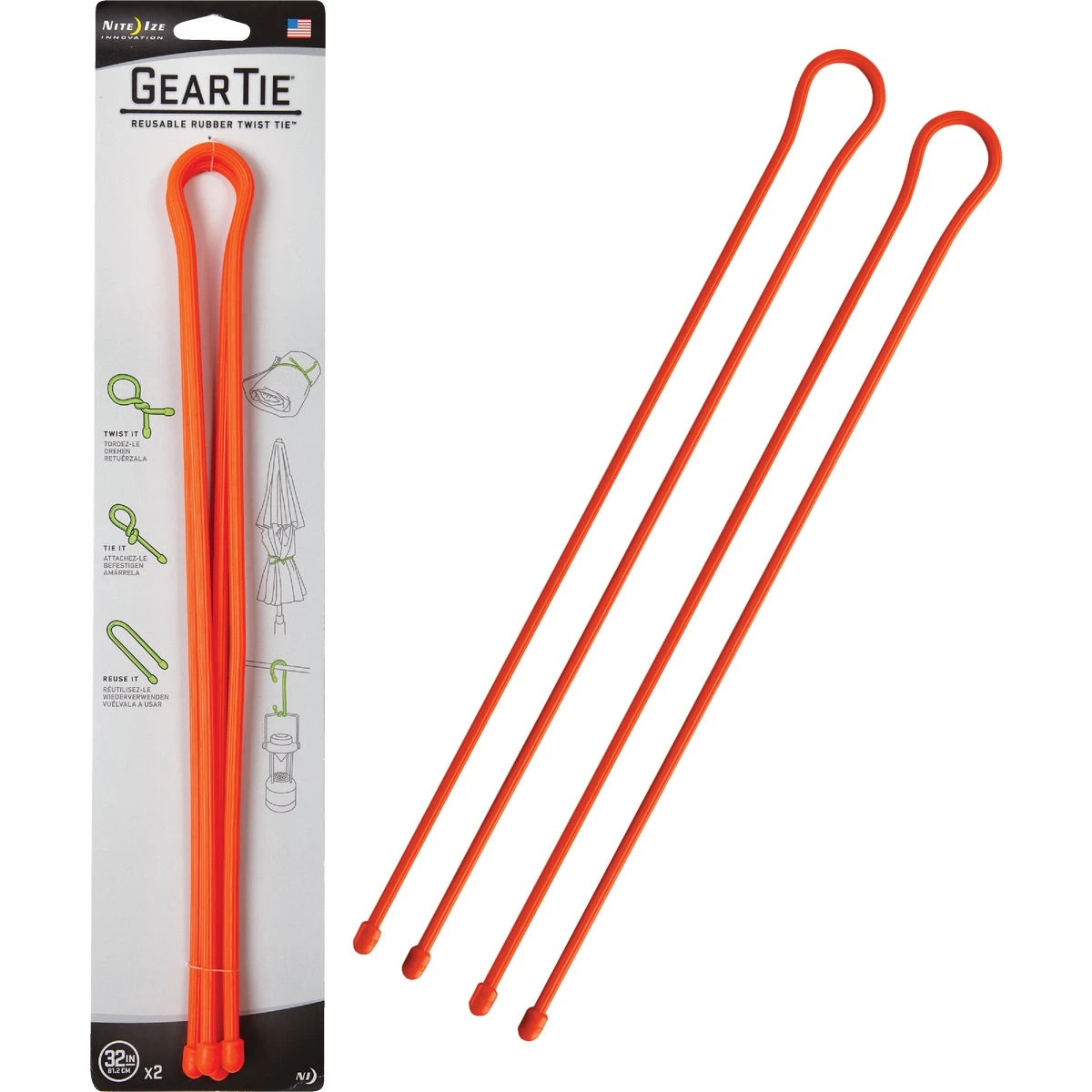 Gear Tie Reusable Rubber Twist Tie, Bright Orange, 32-In., 2-Pk.