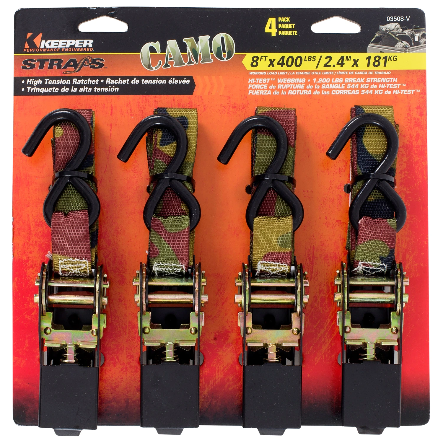 Ratchet Tie Down, Camo, 8 Ft., 4-Pk.