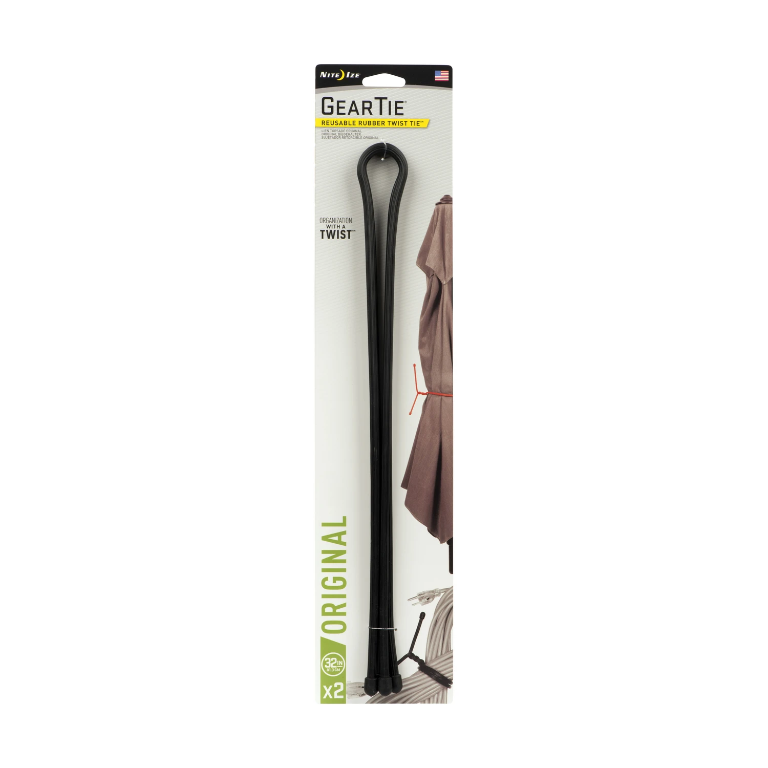 Gear Tie Reusable Rubber Twist Tie, Black, 32-In., 2-Pk.