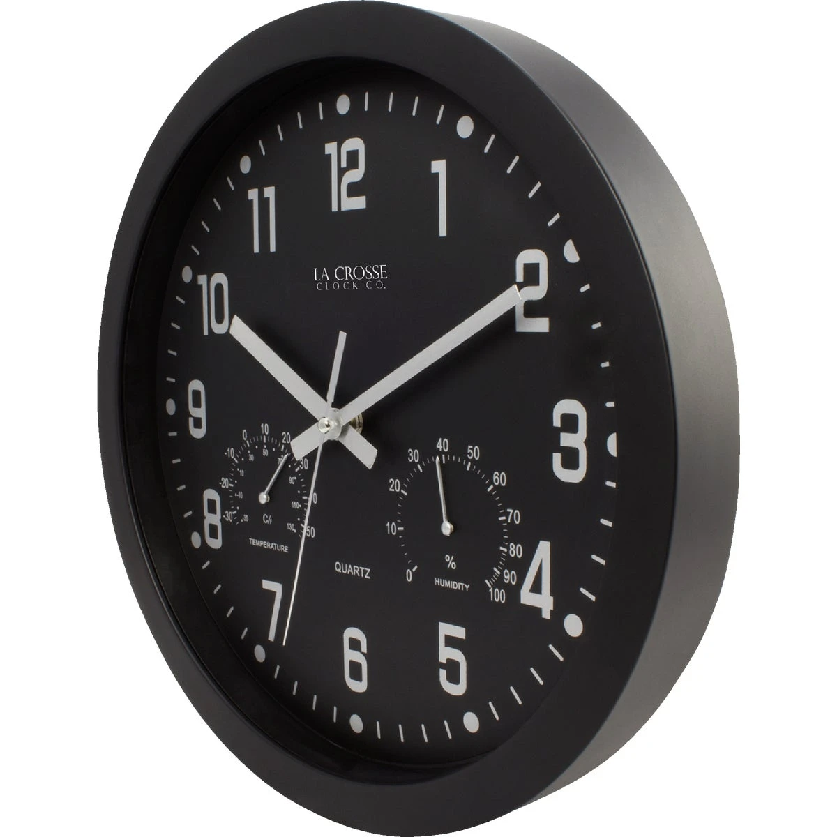 Quartz Wall Clock, Black, With Temp/Humidity, 12 In.