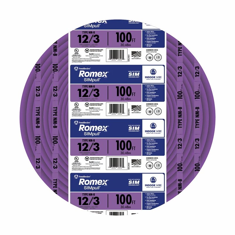 Non-Metallic Romex Sheathed Electrical Cable With Ground, 12/3, 100 Ft.