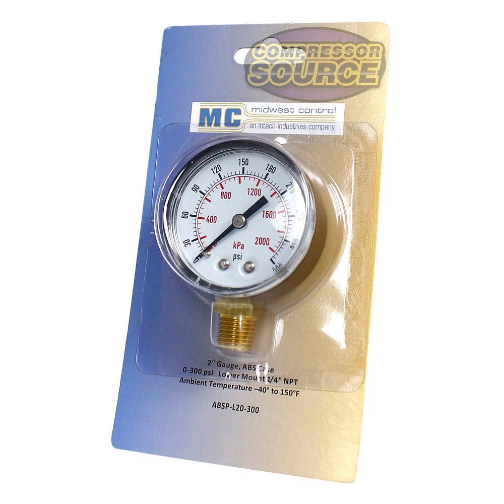 2" Face Midwest Control Gauge Lower Mount 0-300 PSI 1/4" Brass NPT ABSP-L20-300